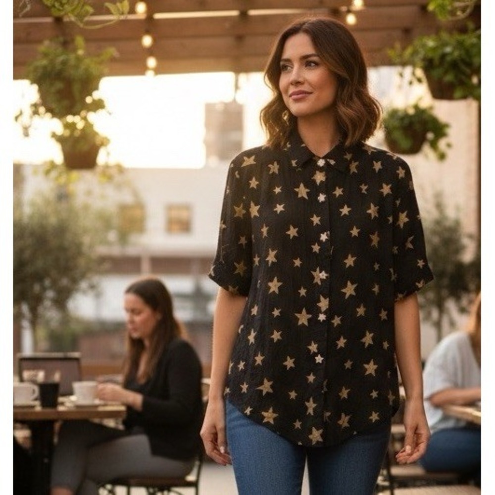 aPParenza Black Gold Star Print Sheer Blouse‎ Star Button Front Top Celestial